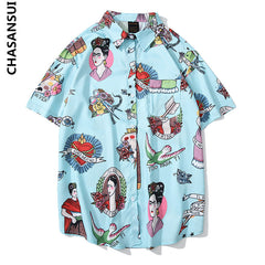 Hawaiian flower shirt trendy retro Hong Kong style beach vacation couple short-sleeved comic shirt men's trendy brand