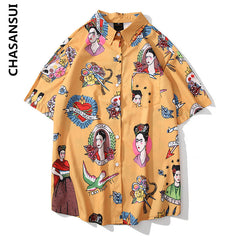 Hawaiian flower shirt trendy retro Hong Kong style beach vacation couple short-sleeved comic shirt men's trendy brand