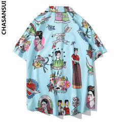 Hawaiian flower shirt trendy retro Hong Kong style beach vacation couple short-sleeved comic shirt men's trendy brand