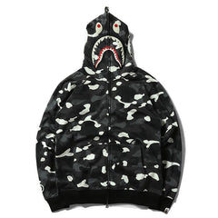 Bathing Ape Hoodie Black and White Luminous Shark Coat Looped Fabric Hooded Shark Sweater Shark Embroidered Hoodie