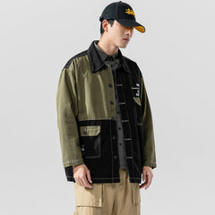 Denim Jacket Men's Hooded Stitching Printed Loose Top Men's Casual Jacket Men's Denim Jacket