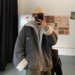 Cotton-Padded Coat Men's Loose Lapels Wool Cotton-Padded Coat Casual Fleece and Thick Denim Jacket Large Size Loose Men Denim Jacket