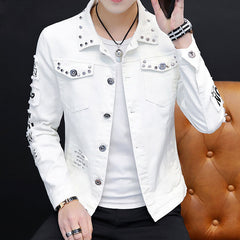 Printemps Homme Jaune Clouté Veste En Jean Rivet Patchwork Manteau Top Veste En Jean Raton Laveur Décontracté Grande Taille Ample