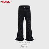 Mens Vintage Pants Rotten Ripped Brush Wax Bootcut Jeans MIJKO