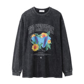 Men Long Sleeve T Shirt Chrysanthemum Pattern Distressed Butterfly