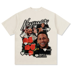 Men Vintage Football T-Shirt Neymar Football Stars Vintage Printed Short Sleeve Washed Old Top