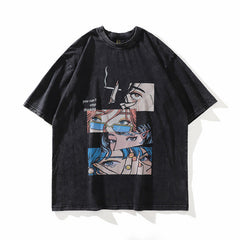 T-shirt homme rétro délavé déchiré imprimé anime manches courtes ample