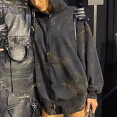 Mens Jacket Two-way Zipper Distress Hooded Sweater MIJKO