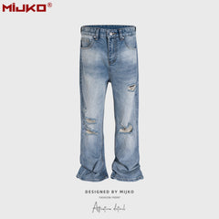 Mens Vintage Pants Ripped Bootcut Blue Jeans MIJKO