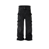 Mens Vintage Pants Tooling Wash High Street Wide Feet Black Jeans MIJKO