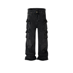 Mens Vintage Pants Tooling Wash High Street Wide Feet Black Jeans MIJKO