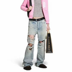 Men's clothing women's hole effect light-colored straight-leg jeans men's and women's same straight-leg washed old trousers blue