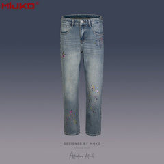 Mens Vintage Pants Embroidery Embellished Slim-fitting Old Jeans MIJKO