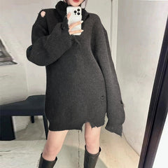 Mens Jacket Turtleneck Knitted Ripped Sweater MIJKO