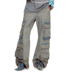 Mens Vintage Pants Multi Pocket Make Old Wide Leg Unisex Jeans MIJKO