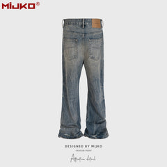 Mens Vintage Pants Distressed Blue Bootcut Jeans MIJKO