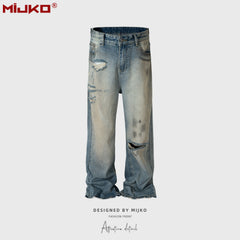 MIJKO men's clothing women's high street straight-leg trousers trendy men's and women's same style neutral multi-tear ripped blue jeans multi-size