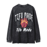 Men Long Sleeve T Shirt Rose Flame Loose Casual Distressed