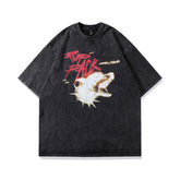 T-shirt Homme Hip Hop Niche Imprimé Délavé Manches Courtes T-shirt Homme et Femme Vintage