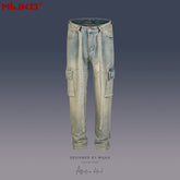 Men Vintage Pants Multi-pocket Straight Jeans With Belt MIJKO
