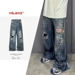 GGGard MIJKO series men's clothing women's torn big ripped trousers men's and women's same retro washed old crease texture jeans