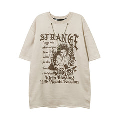 T-shirt pour Homme Imprimé Ange Vintage Manches Courtes Style Ins Couple Homme et Femme