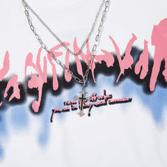 Men Long Sleeve T Shirt Graffiti Personalized Printed Necklace Decoration