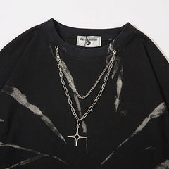 Men Long Sleeve T Shirt Necklace T-shirt Tie-Dyed Loose Cotton