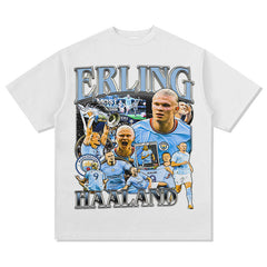 Mens Vintage Football T-Shirt Haaland Printed Short Sleeve T-Shirt Vintage Washed Loose