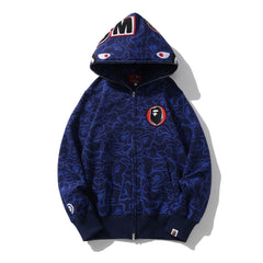 Trendy brand shark head sweater men's camouflage full print 30th anniversary pure cotton thin velvet hooded sweater hoodie