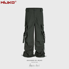 GGGard MIJKO style men's clothing women's high street crease pleated design trousers men's and women's same streamer can tie feet multi-bag casual trousers