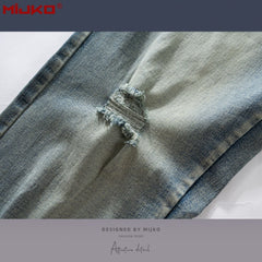 Mens Vintage Pants Slim Fit Wash Old Ripped Blue Jeans MIJKO