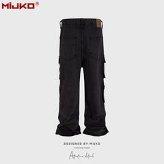 Mens Vintage Pants Multi-pocket Wide-foot Bootcut Jeans MIJKO