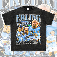 Mens Vintage Football T-Shirt Haaland Printed Short Sleeve T-Shirt Vintage Washed Loose