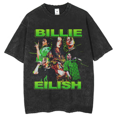 Mens T Shirts Loose Wash Old Billie Short Sleeve T-Shirt Print