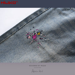 Mens Vintage Pants Embroidery Embellished Slim-fitting Old Jeans MIJKO