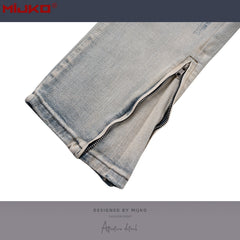 Mens Vintage Pants Zipper Slim Fit Ripped Old Jeans MIJKO