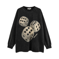 Men Long Sleeve T Shirt Dice Printing Worn Looking Washed-out