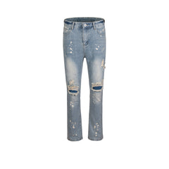 Men Vintage Pants Straight Ripped Pants Washed Jeans MIJKO