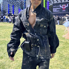 Mens Jacket Ripped Ripped Graffiti Denim Mainstream Fashion Jacket MIJKO