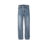 Men Vintage Pants Loose Wide-footed Blue Trousers Straight Jeans with Belt MIJKO