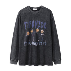 Men Long Sleeve T Shirt Fun Smiley Face Character Printing Distressed