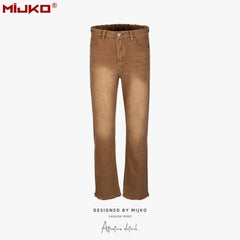 MIJKO men's clothing women's autumn and winter urban cat whiskers elastic waist trousers men's and women's same washed white brown jeans