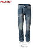 Mens Vintage Pants Ragged Patch Unisex Jeans MIJKO