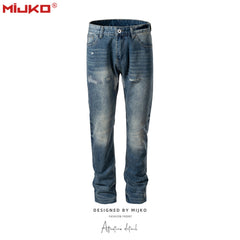 Mens Vintage Pants Ragged Patch Unisex Jeans MIJKO