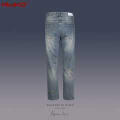 Mens Vintage Pants Embroidery Embellished Slim-fitting Old Jeans MIJKO