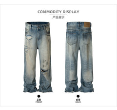 MIJKO men's clothing women's high street straight-leg trousers trendy men's and women's same style neutral multi-tear ripped blue jeans multi-size