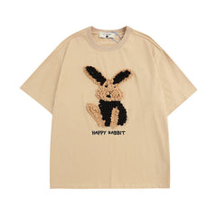 T-shirt Homme Motif Lapin Brodé Éponge Mignon et Amusant Manches Courtes Couple Homme et Femme