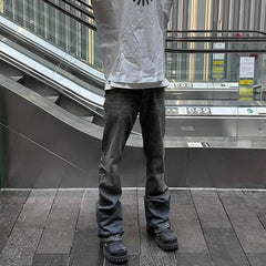 Mens Vintage Pants BootCut Old Wash Water Old Black Grey Jeans MIJKO