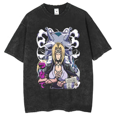 Men T Shirts Hokage Print T-Shirt Retro Old Washed Black